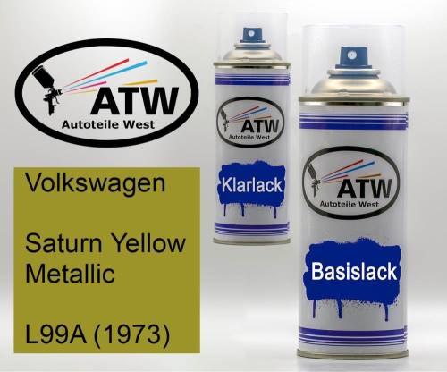 Volkswagen, Saturn Yellow Metallic, L99A (1973): 400ml Sprühdose + 400ml Klarlack - Set, von ATW Autoteile West.